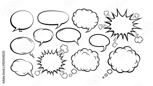 Comic Speech Bubbles: A collection of various comic speech bubbles, perfect for adding text to comic strips or illustrating thoughts and conversations.