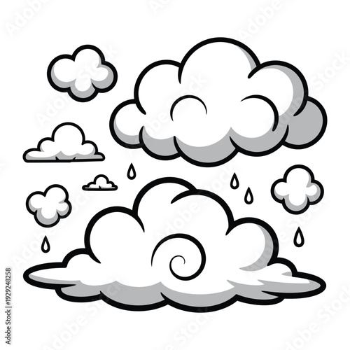 Cloudscape Illustration: An artistic depiction of clouds, showcasing various shapes and sizes, with raindrops gracefully falling from the heavens, creating a serene and evocative weather-themed scene.