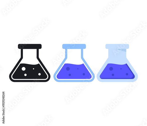 Chemical flask and laboratory beaker icons set, Erlenmeyer flask symbols for science research experiments chemistry and medical testing vector illustration