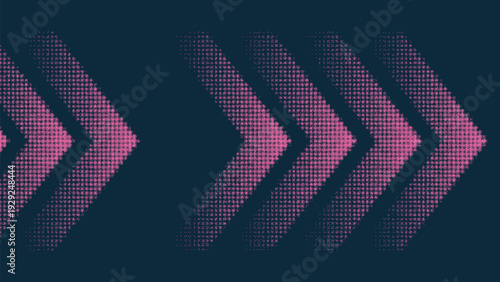 Digital arrows forward motion concept represented by pixelated pink shapes progressing towards the right on a dark blue