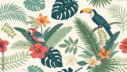 Vibrant tropical island pattern with exotic birds lush greenery colorful flowers and jungle foliage on cream background