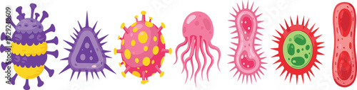 Cartoon colorful bacteria and virus microorganism collection for microbiology medical education infection awareness and science design.
