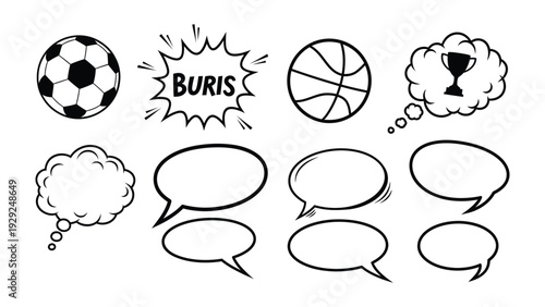 Sports and Thought Bubbles Illustration: A creative collection of sports elements like football and basketball, complemented by thought bubbles and a trophy.