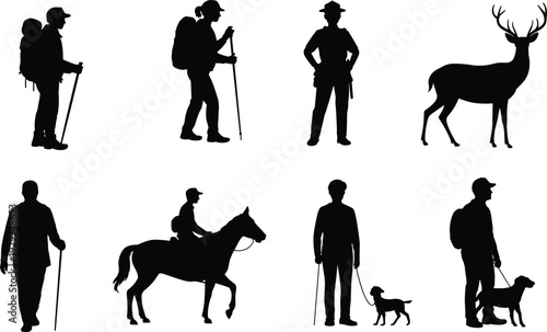 Black silhouette collection of hikers, park ranger, deer wildlife, and horseback rider, outdoor adventure activities, cad drawing flat vector illustration, isolated elements.