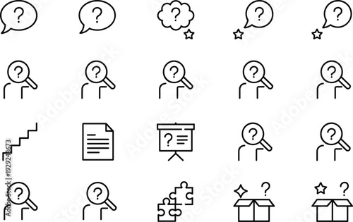 Black line of people thinking and problem solving line black and white line black and white, thinking, problem solving, question marks, puzzle, magnifying glass, speech bubbles, stars, boxes, document