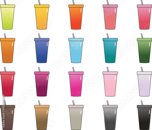 Colorful drink cups and tumblers set with straws flat design vector illustration clipart
