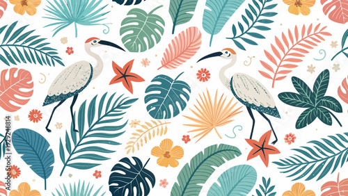 Vibrant florida inspired repeat pattern featuring tropical leaves exotic flowers and white herons on white background