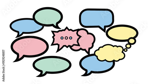 Communicative Clouds: A constellation of speech bubbles, each holding potential words or thoughts, floats invitingly. A diverse palette of colors adds visual dynamism to the array. 