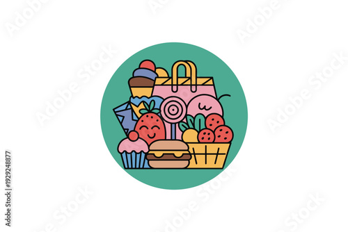 A colorful cartoon illustration of a shopping bag filled with sweet treats