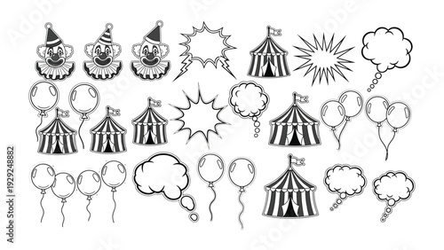 Circus Carnival Elements: A captivating illustration showcases a collection of circus elements in intricate detail, each piece ready to bring a touch of carnival fun. 
