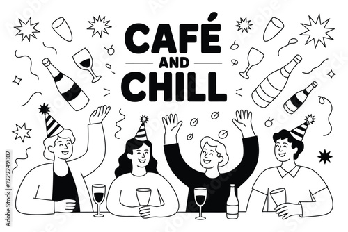 Cafe and chill vector illustration of people celebrating with drinks