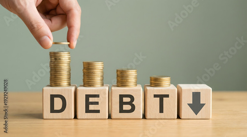 Wallpaper Mural Reducing Debt: Hand adding coin to decreasing coin stacks on blocks spelling DEBT Torontodigital.ca