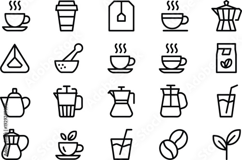 Black and white coffee and tea line beverage drink coffee, tea, black and white, line beverage, drink, cup, mug, teapot, coffee maker, coffee beans, leaves, steam, to go cup, milk, sugar, pyramid tea 