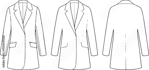 Smooth outline vector template of elegant women’s long coat, flat sketch, CAD design, monochrome houndstooth pattern, front and back angles