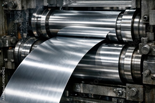 Cold Rolling Steel Strip on Industrial Rolling Mill. Close-up of a polished steel strip passing through precision rolling mill rollers, showing the smooth metallic surface in an industrial setting.
