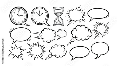 Time and Thought Bubble Composition: A visual symphony of clocks and thought bubbles, capturing the essence of time, dialogue, and ideas. Ideal for representing concepts related to communication.