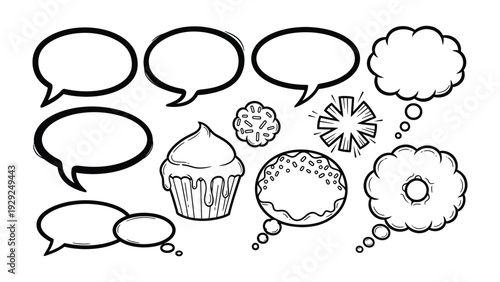 Comic Thoughts: A whimsical collection of speech bubbles and thought bubbles, alongside illustrated elements, inviting the viewer into a world of imagination and creative expression.