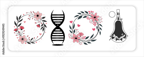 Botanical, wedding, frame, elements, white, background, Set, circle, shapes, flowers, leaf, branches, in hand drawn, pattern, Foliage, line, art, design, wedding, card,