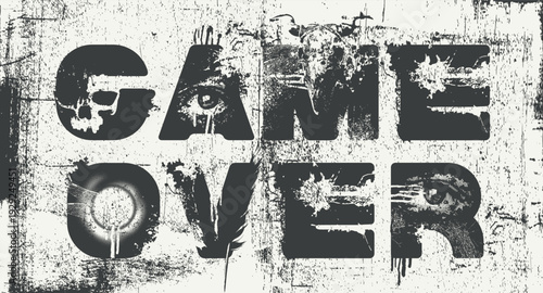 Vector lettering "Game Over" in an urban grunge font featuring human eyes and skulls. Street art. Suitable for posters, album covers, and t-shirts.