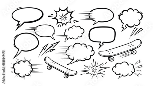 Comic Speech Bubbles and Skateboards: A dynamic illustration features a collection of various comic speech bubbles alongside two skateboards.