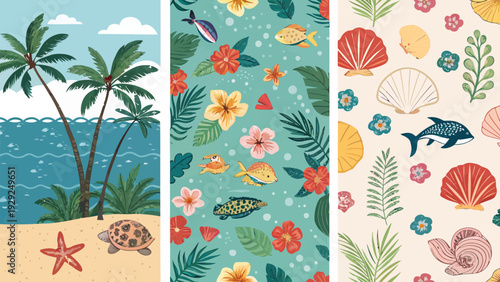 Florida beach theme pattern collection with tropical wild life and sea creatures illustrations