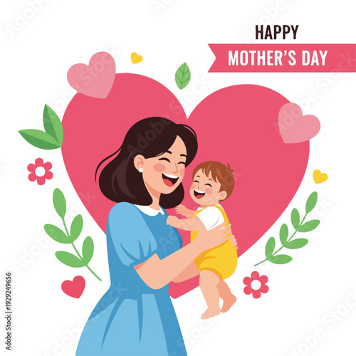 A smiling mother holding her laughing baby in front of a giant heart