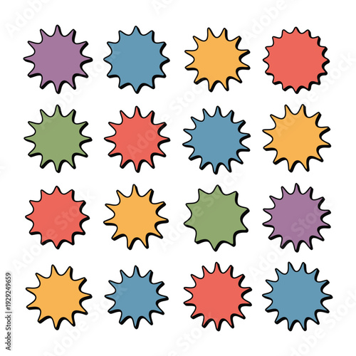 Colorful Burst Collection: A vibrant assortment of multi-colored starburst shapes, perfect for adding a pop of energy and flair to any visual project.