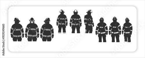 Firefighter and Rescue Worker Silhouettes Vector Set, Emergency Services Team in Uniform and Gear, 
Fireman Standing, Kneeling, and Walking Poses, Safety and Occupation Graphic, Isolated on White web 