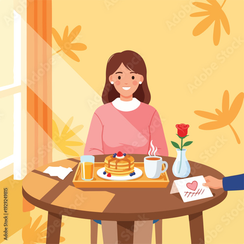 A smiling woman enjoys breakfast at a table, receiving a card and a rose
