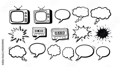 Retro Media Montage: A collection of vintage televisions and audio cassettes with accompanying speech bubbles and comic effects, perfect for adding a touch of nostalgia to any design.