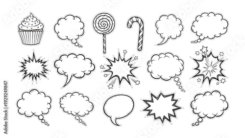 Sweet Dreams and Bold Statements: An assortment of playful speech bubbles and a whimsical cupcake create a canvas for imagination and expression. 