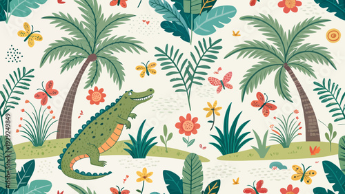 Vibrant tropical island pattern featuring a crocodile amidst palm trees flowers and butterflies in a colorful exotic design