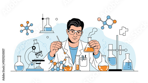 Scientist conducting experiments in a laboratory surrounded by various glass flasks, test tubes, and a microscope.