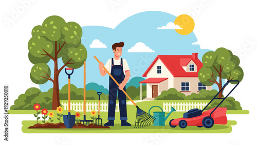 Enthusiastic gardener working in a beautiful backyard with various gardening tools, flowers, and a lawnmower near a house.
