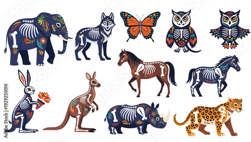 Collection of various animals decorated with colorful skeleton patterns and floral designs for Day of the Dead celebrations.