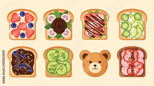 Variety of healthy toast toppings including strawberries, blueberries, avocado, cucumber, and a cute bear face design.