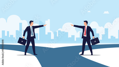 Two businessmen standing at a fork in the road and pointing in opposite directions with a city skyline in the distance.