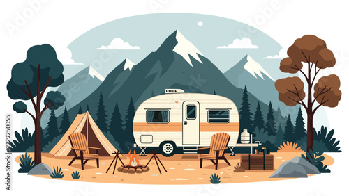 Peaceful camping site in the mountains featuring a vintage travel trailer, a tent, a campfire, and tall pine trees.