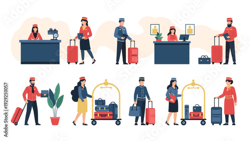 Diverse hotel staff members performing various duties including reception, bellhop services, and luggage assistance.