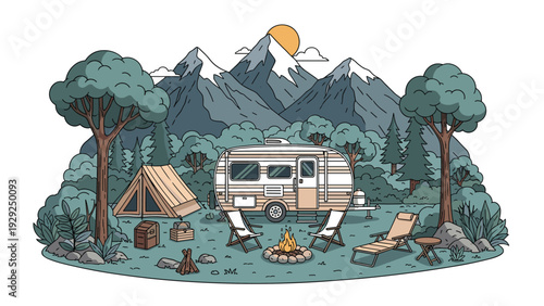 Detailed outdoor camping scene with a vintage trailer, tent, campfire, and folding chairs nestled in a lush forest by mountains.