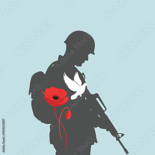 A soldier's silhouette with a poppy flower and dove, peace symbol