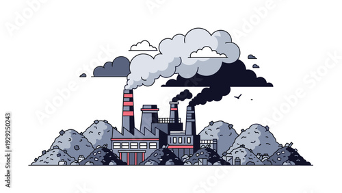 Industrial factory with tall chimneys releases dark smoke into the sky near large piles of waste or coal in a polluted area.