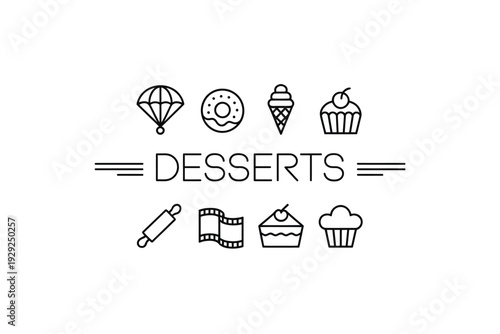 Desserts icon set with various sweet treats and baking tools