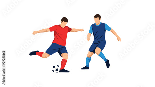 Two football players wearing red and blue jerseys are shown playing soccer and kicking the ball during a competitive game.