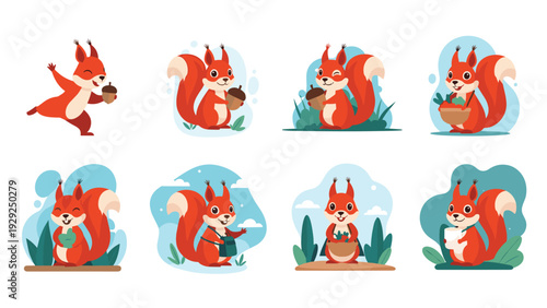 Series of illustrations features a cute little squirrel eating nuts, gathering food, and carrying a bag in various forest scenes.