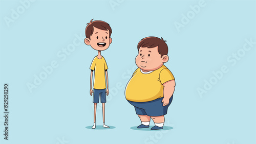 Tall slender boy and short overweight boy standing side by side wearing matching yellow t-shirts and blue shorts.