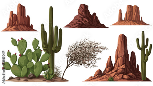 Desert landscape elements featuring tall saguaro cacti prickly pear cactus and red rock formations on white background.