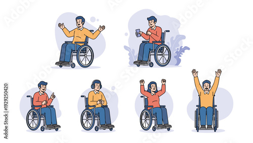 Collection of diverse people in wheelchairs expressing happiness and success with various positive gestures.