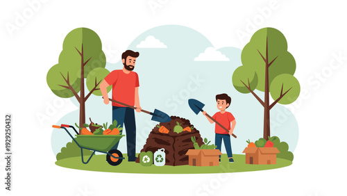 Father and young son working together in a garden using shovels to manage a compost pile near green trees.