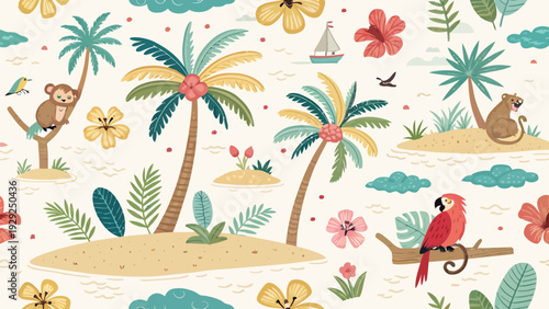 Vibrant tropical seamless pattern with palm trees exotic flowers monkeys parrot and sailboat on white background for travel